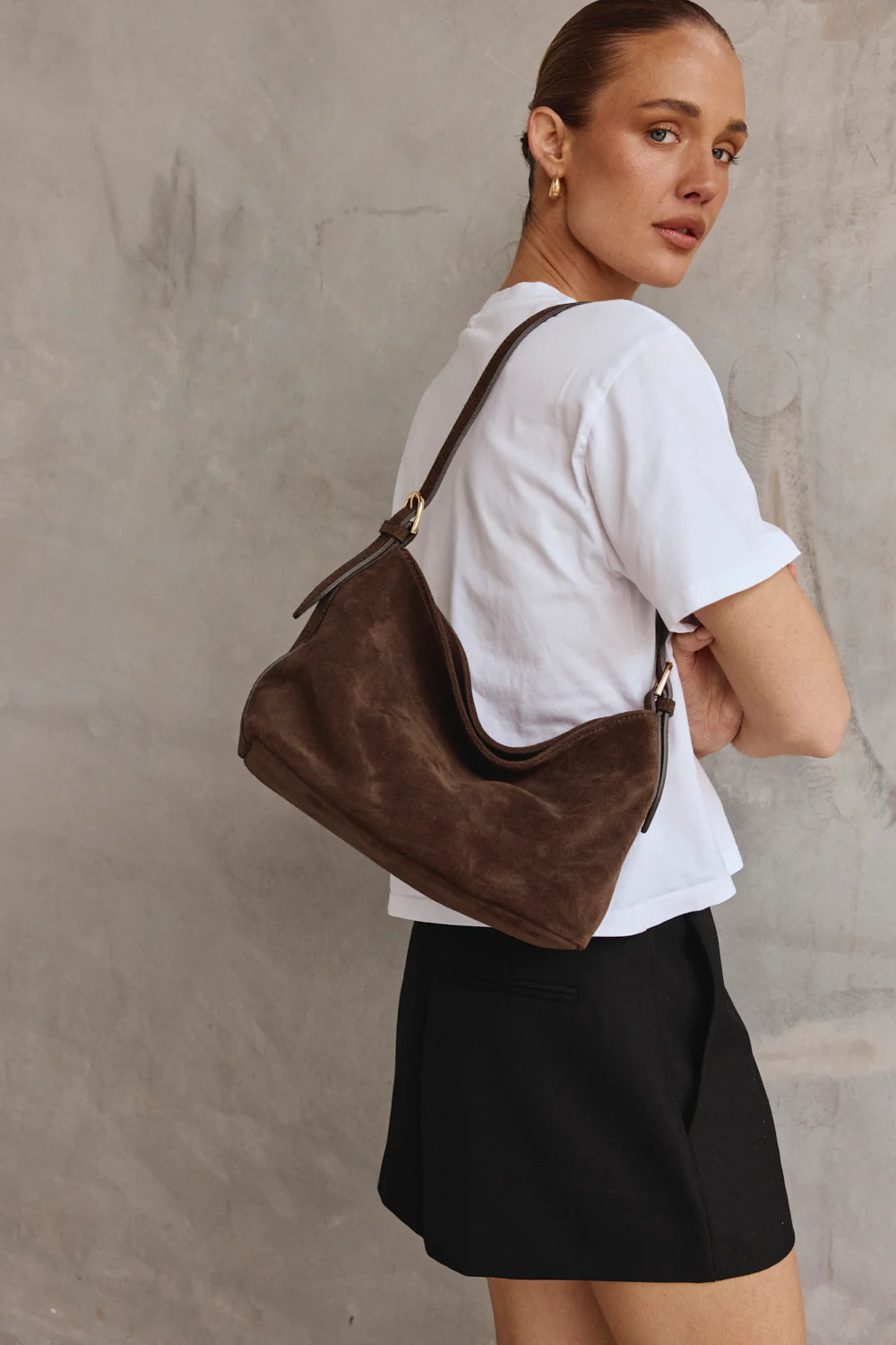 Eden Dark Chocolate Suede Shoulder Bag - Image 3
