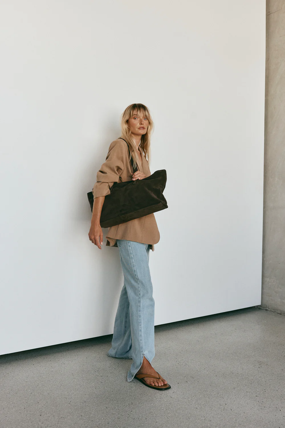 Mia Dark Chocolate Suede East West Slouchy Tote - Image 3