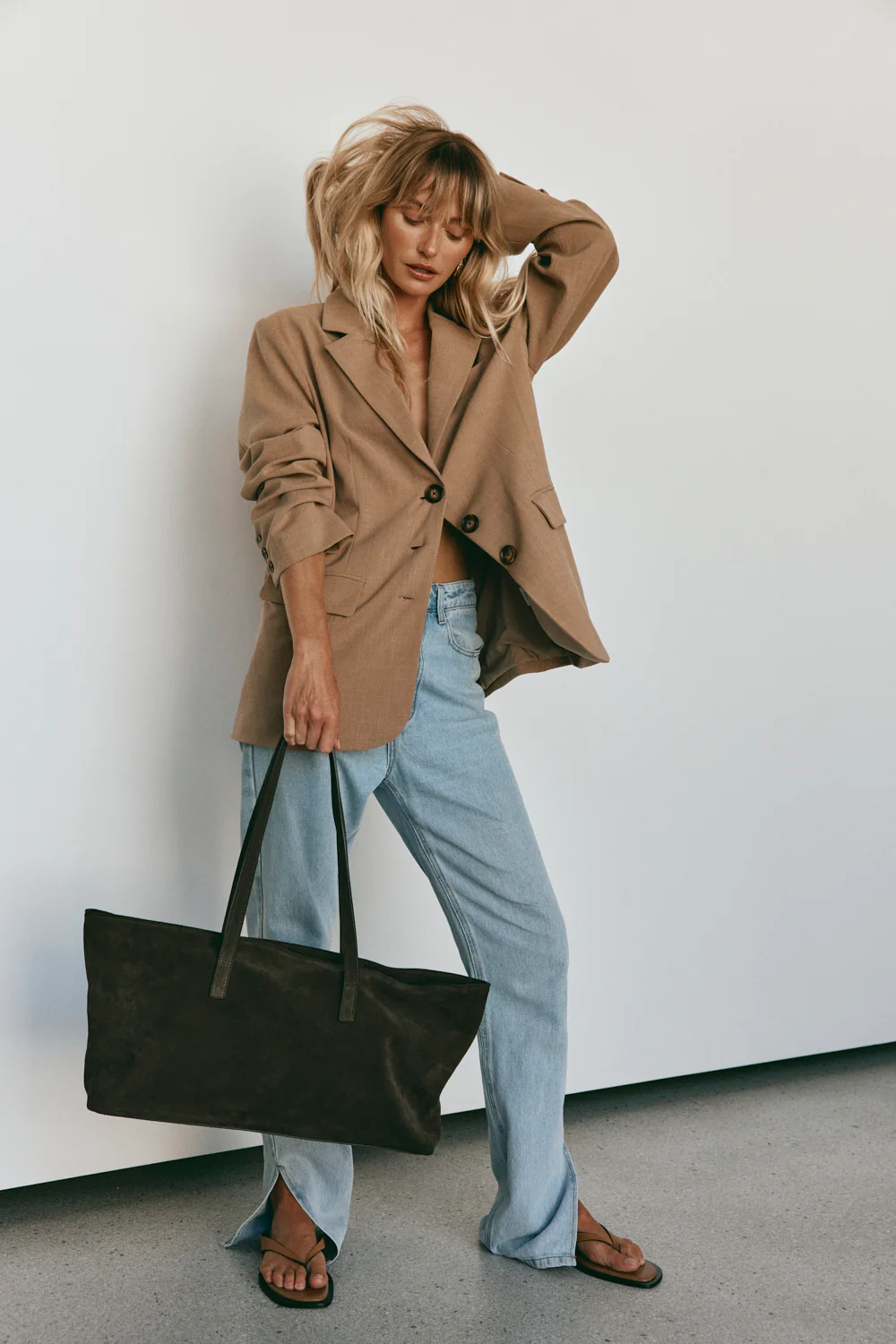 Mia Dark Chocolate Suede East West Slouchy Tote - Image 4
